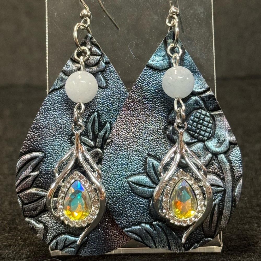 Handmade black/blue iridescent embossed faux leather earrings